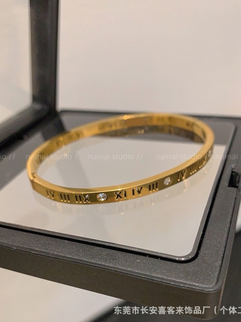Gold Roman Numeral Bangle Bracelet with Crystal Accents
